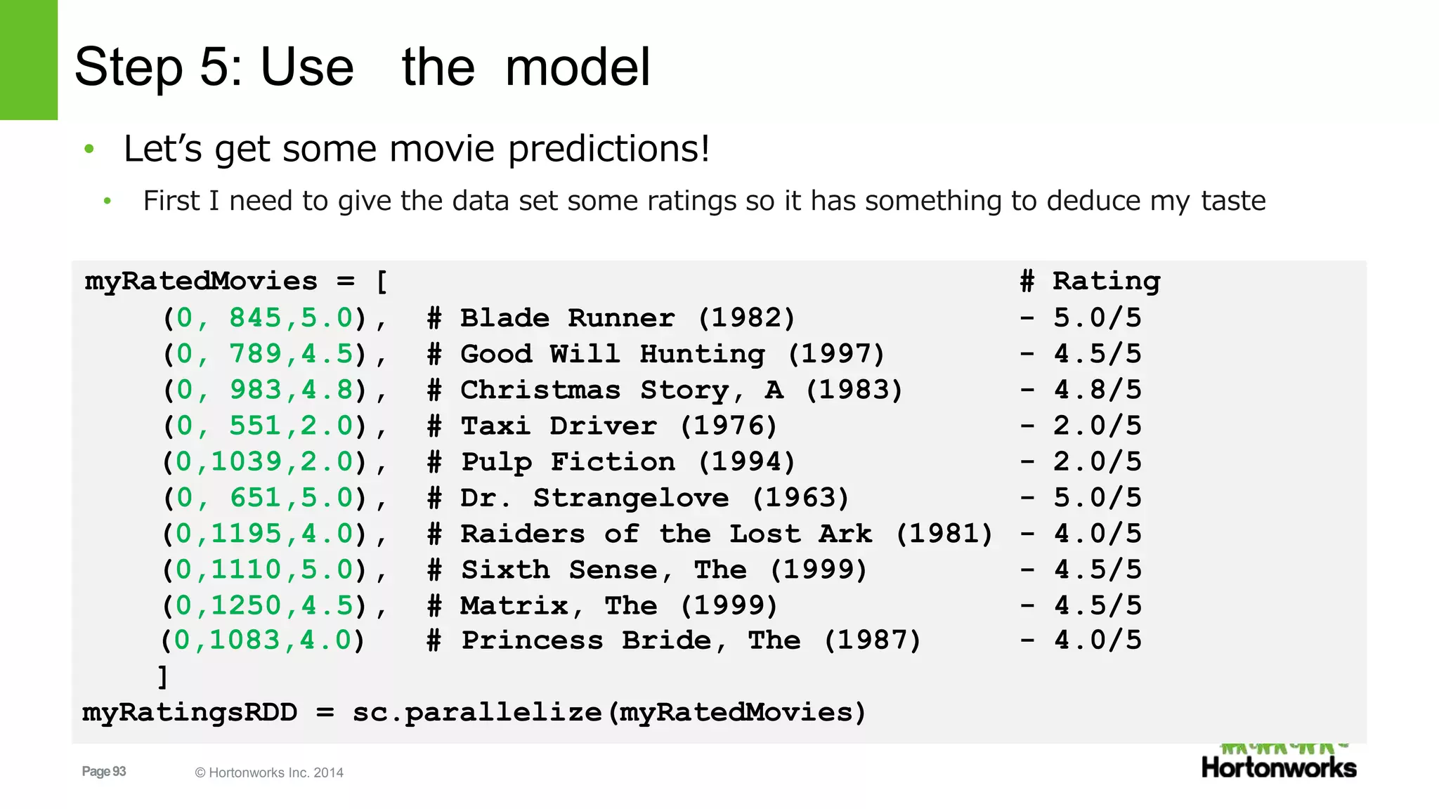 Page93 © Hortonworks Inc. 2014
Step 5: Use the model
• Let’s get some movie predictions!
• First I need to give the data set some ratings so it has something to deduce my taste
myRatedMovies = [ # Rating
(0, 845,5.0), # Blade Runner (1982) - 5.0/5
(0, 789,4.5), # Good Will Hunting (1997) - 4.5/5
(0, 983,4.8), # Christmas Story, A (1983) - 4.8/5
(0, 551,2.0), # Taxi Driver (1976) - 2.0/5
(0,1039,2.0), # Pulp Fiction (1994) - 2.0/5
(0, 651,5.0), # Dr. Strangelove (1963) - 5.0/5
(0,1195,4.0), # Raiders of the Lost Ark (1981) - 4.0/5
(0,1110,5.0), # Sixth Sense, The (1999) - 4.5/5
(0,1250,4.5), # Matrix, The (1999) - 4.5/5
- 4.0/5(0,1083,4.0) # Princess Bride, The (1987)
]
myRatingsRDD = sc.parallelize(myRatedMovies)
 