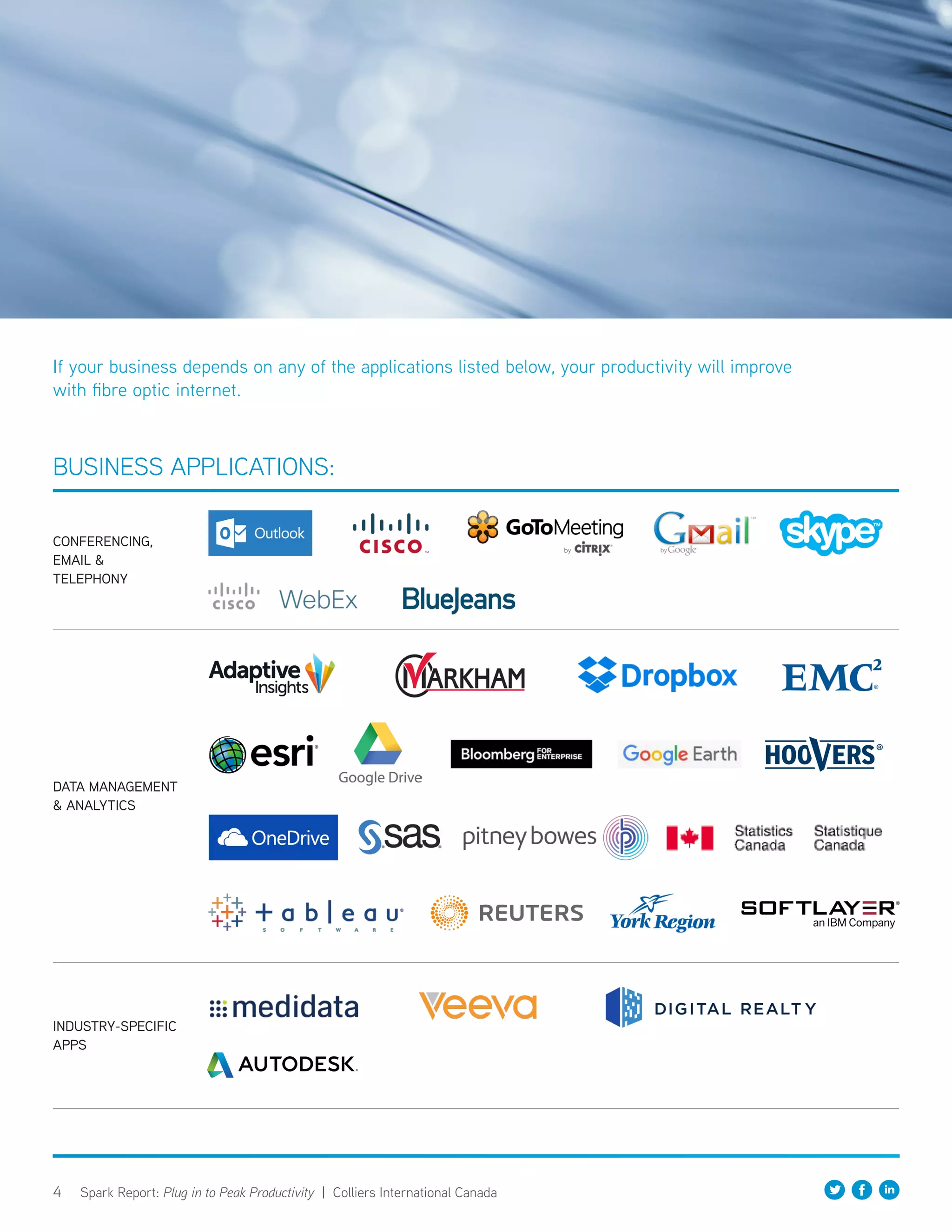 4 Spark Report: Plug in to Peak Productivity | Colliers International Canada
CONFERENCING,
EMAIL 
TELEPHONY
DATA MANAGEMENT
 ANALYTICS
INDUSTRY-SPECIFIC
APPS
BUSINESS APPLICATIONS:
If your business depends on any of the applications listed below, your productivity will improve
with fibre optic internet.
 