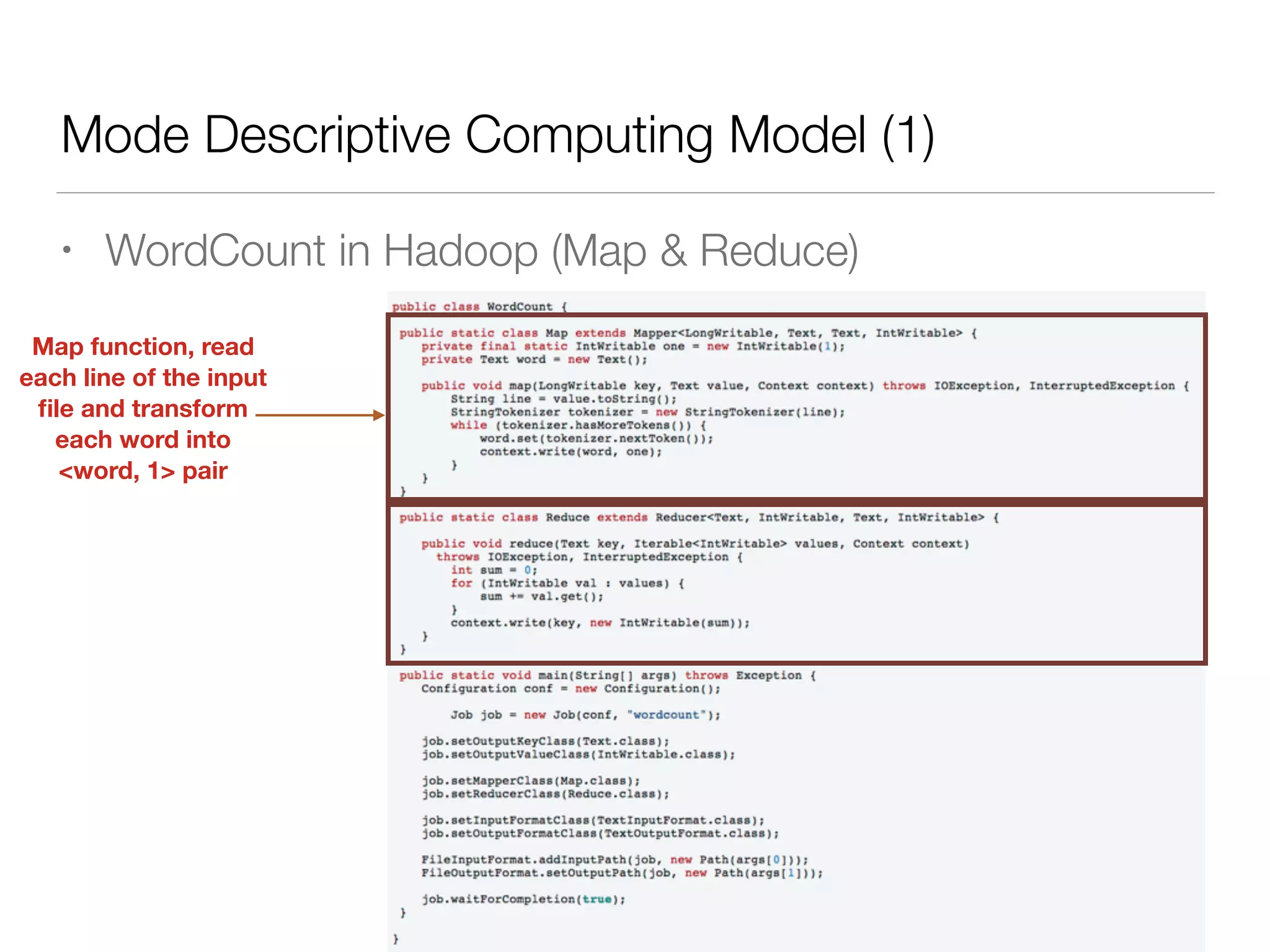 Mode Descriptive Computing Model (1)
• WordCount in Hadoop (Map & Reduce)
Map function, read
each line of the input
ﬁle and transform
each word into
<word, 1> pair
 