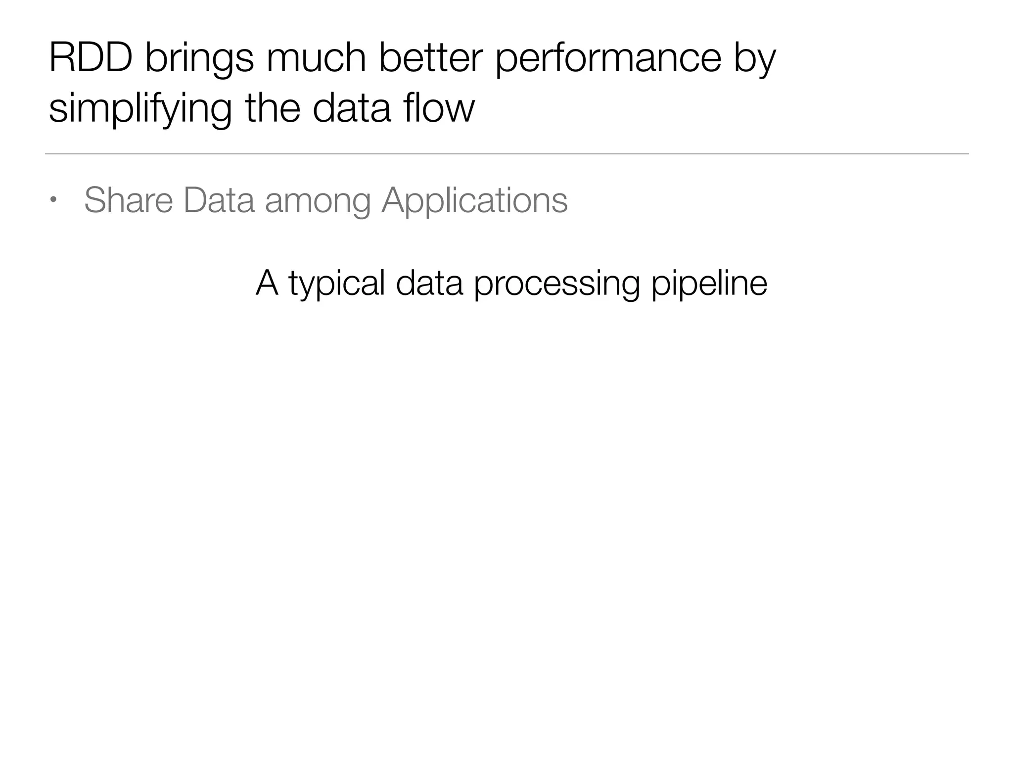 RDD brings much better performance by
simplifying the data ﬂow
• Share Data among Applications
A typical data processing pipeline
 