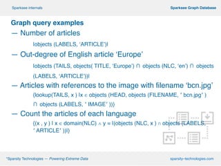 Graph query examples
— Number of articles!
! |objects (LABELS, ‘ARTICLE’)|
— Out-degree of English article ‘Europe’!
! |objects (TAILS, objects( TITLE, ‘Europe’) ∩ objects (NLC, ‘en’) ∩ objects
! (LABELS, ‘ARTICLE’))|
— Articles with references to the image with filename ‘bcn.jpg’
! ! {lookup(TAILS, x ) |x ∈ objects (HEAD, objects (FILENAME, ′ bcn.jpg′ ) !
! ! ∩ objects (LABELS, ′ IMAGE′ ))} !
— Count the articles of each language
{(x , y ) | x ∈ domain(NLC) ∧ y = |(objects (NLC, x ) ∩ objects (LABELS, !
! ! ′ ARTICLE′ ))|}
º*Sparsity Technologies — Powering Extreme Data sparsity–technologies.com
º Sparksee Graph DatabaseSparksee internals
 