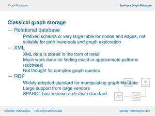 Classical graph storage!
— Relational database!
! Prefixed schema or very large table for nodes and edges, not !
! suitable for path traversals and graph exploration!
— XML!
! XML data is stored in the form of trees!
! Much work done on finding exact or approximate patterns !
! (subtrees)!
! Not thought for complex graph queries!
— RDF!
! Widely adopted standard for manipulating graph-like data!
! Large support from large vendors!
! SPARQL has become a de facto standard
º*Sparsity Technologies — Powering Extreme Data sparsity–technologies.com
º Sparksee Graph DatabaseGraph Databases
 