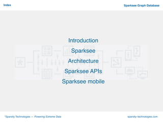 *Sparsity Technologies — Powering Extreme Data sparsity–technologies.com
º
Sparksee Graph Database
!
Introduction!
Sparksee!
Architecture!
Sparksee APIs!
Sparksee mobile !
Index
 