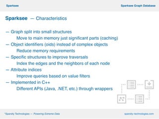 º*Sparsity Technologies — Powering Extreme Data sparsity–technologies.com
º Sparksee Graph DatabaseSparksee
Sparksee — Characteristics!
!
— Graph split into small structures
! Move to main memory just significant parts (caching)
— Object identifiers (oids) instead of complex objects
! Reduce memory requirements
— Specific structures to improve traversals
! Index the edges and the neighbors of each node
— Attribute indices
! Improve queries based on value filters
— Implemented in C++
! Different APIs (Java, .NET, etc.) through wrappers
 