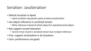 Serializer: JavaSerializer
• Default serializer in Spark
• spark.serializer=org.apache.spark.serializer.JavaSerializer
• Use object reference in serialized stream
• Write reference instead of whole object for repeated (same) object
• Not support record relocation
• Cannot move record in serialized stream due to object reference
• Pros: support serialization in all situations
• Cons: performance not good
 