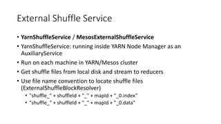 External Shuffle Service
• YarnShuffleService / MesosExternalShuffleService
• YarnShuffleService: running inside YARN Node Manager as an
AuxiliaryService
• Run on each machine in YARN/Mesos cluster
• Get shuffle files from local disk and stream to reducers
• Use file name convention to locate shuffle files
(ExternalShuffleBlockResolver)
• "shuffle_" + shuffleId + "_" + mapId + "_0.index”
• "shuffle_" + shuffleId + "_" + mapId + "_0.data"
 