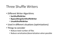 Three Shuffle Writers
• Different Writer Algorithms
• SortShuffleWriter
• BypassMergeSortShuffleWriter
• UnsafeShuffleWriter
• Used in different situations (optimizations)
• Things to consider
• Reduce total number of files
• Reduce serialization/deserialization when possible
 