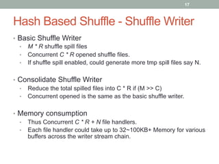 17
Hash Based Shuffle - Shuffle Writer
•  Basic Shuffle Writer
•  M * R shuffle spill files
•  Concurrent C * R opened shuffle files.
•  If shuffle spill enabled, could generate more tmp spill files say N.
•  Consolidate Shuffle Writer
•  Reduce the total spilled files into C * R if (M >> C)
•  Concurrent opened is the same as the basic shuffle writer.
•  Memory consumption
•  Thus Concurrent C * R + N file handlers.
•  Each file handler could take up to 32~100KB+ Memory for various
buffers across the writer stream chain.
 