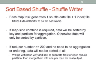 19
Sort Based Shuffle - Shuffle Writer
•  Each map task generates 1 shuffle data file + 1 index file
•  Utilize ExternalSorter to do the sort works.
•  If map-side combine is required, data will be sorted by
key and partition for aggregation. Otherwise data will
only be sorted by partition.
•  If reducer number <= 200 and no need to do aggregation
or ordering, data will not be sorted at all.
•  Will go with hash way and spill to separate files for each reduce
partition, then merge them into one per map for final output.
 