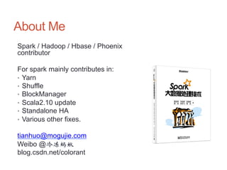 About Me
Spark / Hadoop / Hbase / Phoenix
contributor
For spark mainly contributes in:
•  Yarn
•  Shuffle
•  BlockManager
•  Scala2.10 update
•  Standalone HA
•  Various other fixes.
tianhuo@mogujie.com
Weibo @冷冻蚂蚁
blog.csdn.net/colorant
 