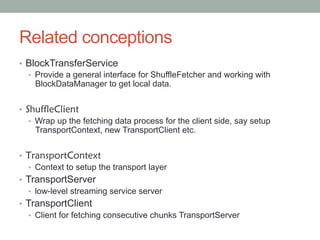 Related conceptions
•  BlockTransferService
•  Provide a general interface for ShuffleFetcher and working with
BlockDataManager to get local data.
•  ShuffleClient
•  Wrap up the fetching data process for the client side, say setup
TransportContext, new TransportClient etc.
•  TransportContext
•  Context to setup the transport layer
•  TransportServer
•  low-level streaming service server
•  TransportClient
•  Client for fetching consecutive chunks TransportServer
 
