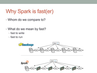 Why Spark is fast(er)
•  Whom do we compare to?
•  What do we mean by fast?
•  fast to write
•  fast to run
 