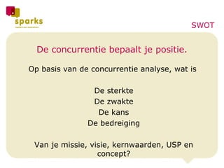 De concurrentie bepaalt je positie. Op basis van de concurrentie analyse, wat is  De sterkte De zwakte De kans De bedreiging Van je missie, visie, kernwaarden, USP en concept? SWOT 