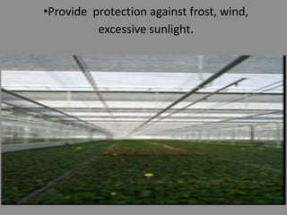 •Provide protection against frost, wind,
excessive sunlight.

 