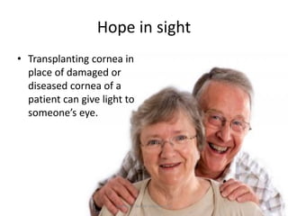 Hope in sight
• Transplanting cornea in
place of damaged or
diseased cornea of a
patient can give light to
someone’s eye.

Technical Textile Society-NTU

 