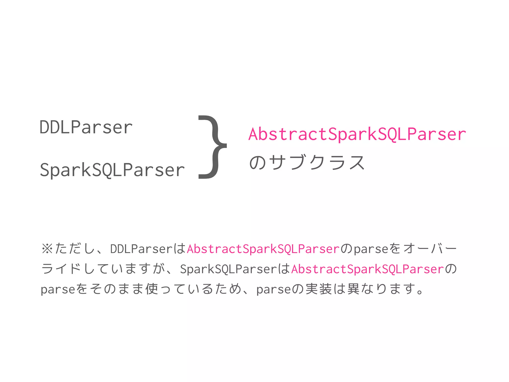 DDLParser
SparkSQLParser
!
} AbstractSparkSQLParser
のサブクラス
※ただし、DDLParserはAbstractSparkSQLParserのparseをオーバー
ライドしていますが、SparkSQLParserはAbstractSparkSQLParserの
parseをそのまま使っているため、parseの実装は異なります。
 