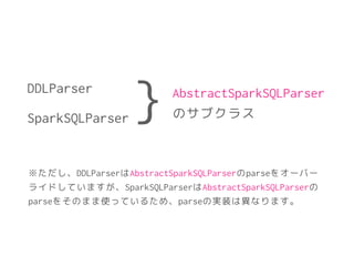 DDLParser
SparkSQLParser
!
} AbstractSparkSQLParser
のサブクラス
※ただし、DDLParserはAbstractSparkSQLParserのparseをオーバー
ライドしていますが、SparkSQLParserはAbstractSparkSQLParserの
parseをそのまま使っているため、parseの実装は異なります。
 