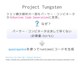 Project Tungsten
クエリ構文解析の一部をパーサー・コンビネータ
からRuntime Code Generationに変更。
なぜ？
パーサー・コンビネータは決して早くない
(計算量:O(n^k))
quasiquotesを使ってruntimeにコードを生成
Deep Dive into Spark SQL’s Catalyst Optimizer:
https://databricks.com/blog/2015/04/13/deep-dive-into-spark-sqls-catalyst-optimizer.html
 
