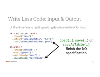 Write Less Code: Input & Output
Unified interface to reading/writing data in a variety of formats:
load(…), save(…) or
sav...