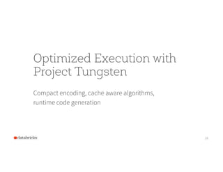 Optimized Execution with
Project Tungsten
Compact encoding, cacheaware algorithms,
runtime code generation
28
 