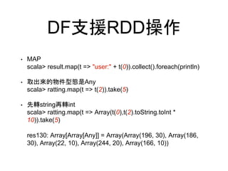 DF支援RDD操作
• MAP
scala> result.map(t => "user:" + t(0)).collect().foreach(println)
• 取出來的物件型態是Any
scala> ratting.map(t => t(2)).take(5)
• 先轉string再轉int
scala> ratting.map(t => Array(t(0),t(2).toString.toInt *
10)).take(5)
res130: Array[Array[Any]] = Array(Array(196, 30), Array(186,
30), Array(22, 10), Array(244, 20), Array(166, 10))
 