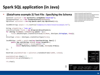 14
Spark SQL application (in Java)
 (DataFrame example 2) Text File : Specifying the Schema
SparkConf sparkConf = new SparkConf().setAppName("dataFrame");
JavaSparkContext ctx = new JavaSparkContext(sparkConf);
SQLContext sqlContext = new org.apache.spark.sql.SQLContext(ctx);
JavaRDD<String> people = ctx.textFile("examples/src/main/resources/people.txt");
String schemaString = "name age";
List<StructField> fields = new ArrayList<StructField>();
for (String fieldName: schemaString.split(" ")) {
fields.add(DataTypes.createStructField(fieldName, DataTypes.StringType, true));
}
StructType schema = DataTypes.createStructType(fields);
JavaRDD<Row> rowRDD = people.map(new Function<String, Row>() {
public Row call(String record) throws Exception {
String[] fields = record.split(",");
return RowFactory.create(fields[0], fields[1].trim());
}
});
DataFrame peopleDataFrame = sqlContext.createDataFrame(rowRDD, schema);
peopleDataFrame.show();//1
peopleDataFrame.printSchema();//2
ctx.stop();
1.
2.
import org.apache.spark.SparkConf;
import org.apache.spark.api.java.JavaSparkContext;
import org.apache.spark.api.java.JavaRDD;
import org.apache.spark.api.java.function.Function;
import org.apache.spark.sql.SQLContext;
import org.apache.spark.sql.DataFrame;
import java.util.List;
 