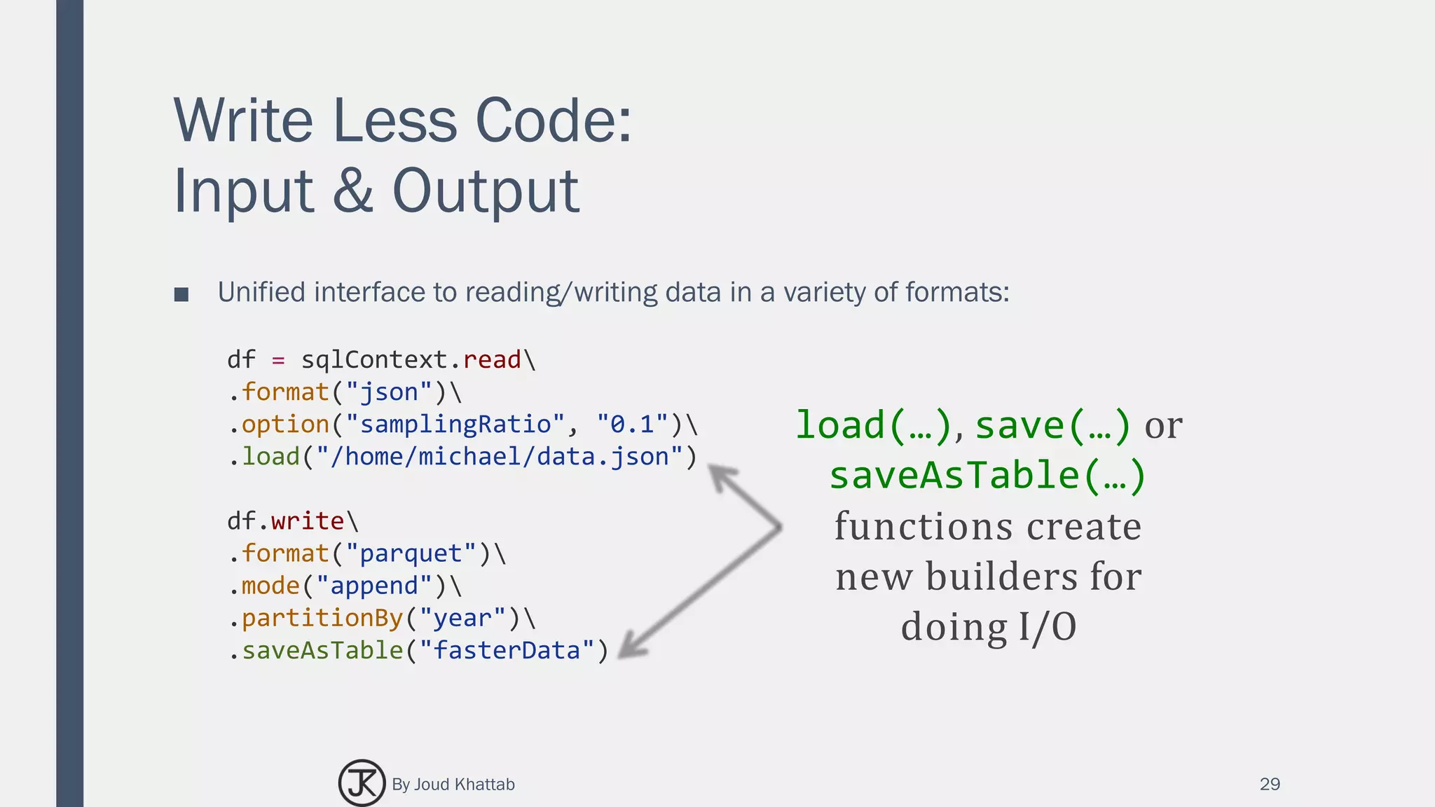 Write Less Code:
Input & Output
■ Unified interface to reading/writing data in a variety of formats:
29
df = sqlContext.read
.format("json")
.option("samplingRatio", "0.1")
.load("/home/michael/data.json")
df.write
.format("parquet")
.mode("append")
.partitionBy("year")
.saveAsTable("fasterData")
load(…), save(…) or
saveAsTable(…)
functions create
new builders for
doing I/O
By Joud Khattab
 