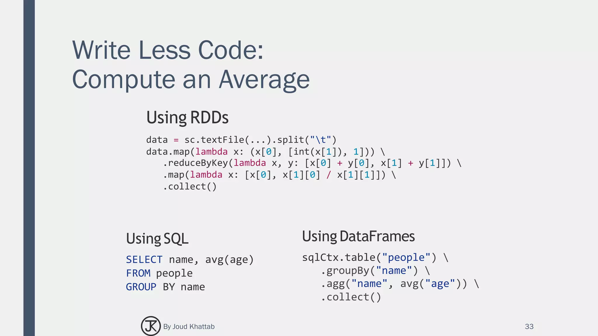 Write Less Code:
Compute an Average
33
Using RDDs
data = sc.textFile(...).split("t")
data.map(lambda x: (x[0], [int(x[1]), 1])) 
.reduceByKey(lambda x, y: [x[0] + y[0], x[1] + y[1]]) 
.map(lambda x: [x[0], x[1][0] / x[1][1]]) 
.collect()
Using DataFrames
sqlCtx.table("people") 
.groupBy("name") 
.agg("name", avg("age")) 
.collect()
Using SQL
SELECT name, avg(age)
FROM people
GROUP BY name
By Joud Khattab
 