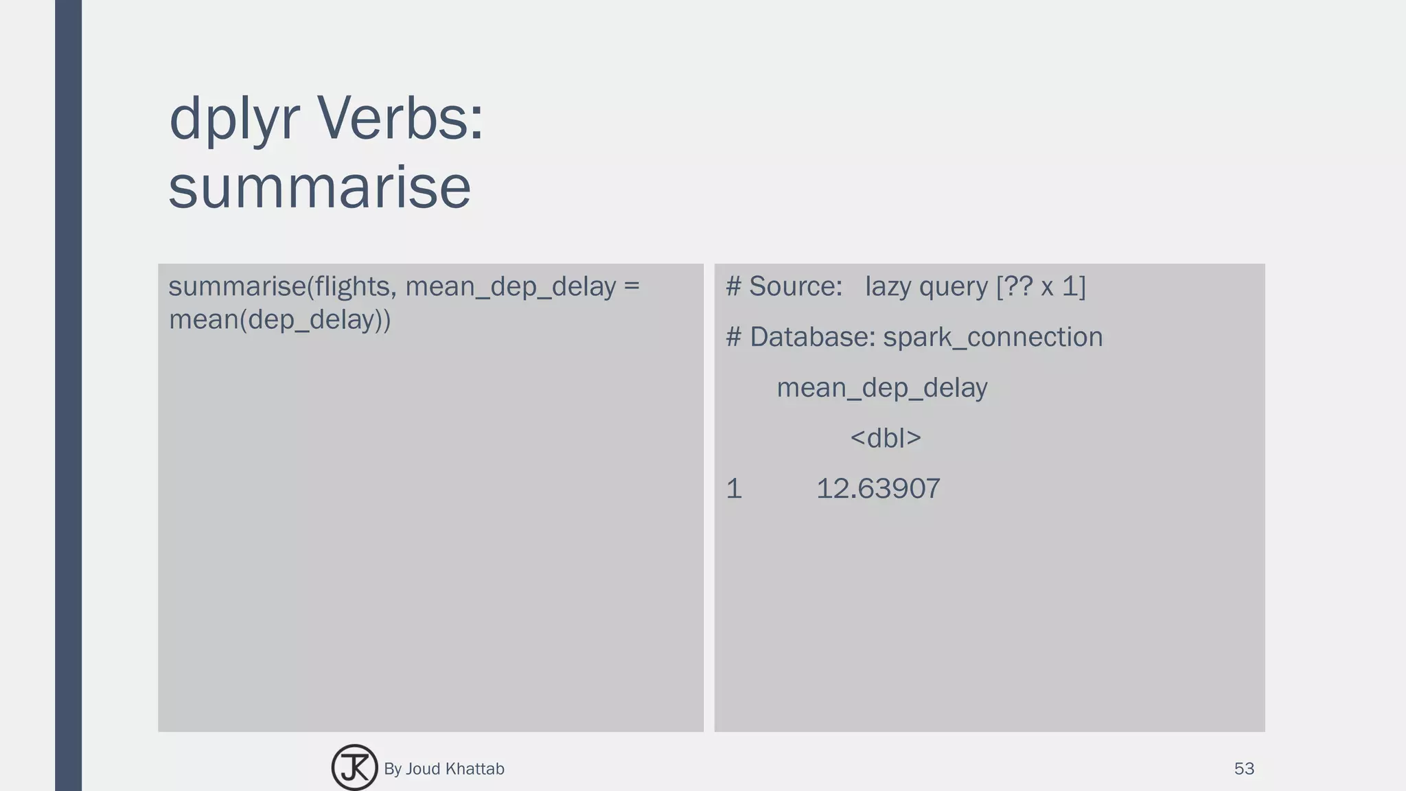 dplyr Verbs:
summarise
summarise(flights, mean_dep_delay =
mean(dep_delay))
# Source: lazy query [?? x 1]
# Database: spark_connection
mean_dep_delay
<dbl>
1 12.63907
53By Joud Khattab
 