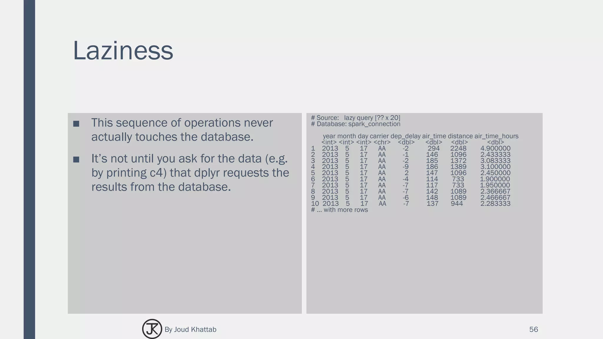 Laziness
■ This sequence of operations never
actually touches the database.
■ It’s not until you ask for the data (e.g.
by printing c4) that dplyr requests the
results from the database.
# Source: lazy query [?? x 20]
# Database: spark_connection
year month day carrier dep_delay air_time distance air_time_hours
<int> <int> <int> <chr> <dbl> <dbl> <dbl> <dbl>
1 2013 5 17 AA -2 294 2248 4.900000
2 2013 5 17 AA -1 146 1096 2.433333
3 2013 5 17 AA -2 185 1372 3.083333
4 2013 5 17 AA -9 186 1389 3.100000
5 2013 5 17 AA 2 147 1096 2.450000
6 2013 5 17 AA -4 114 733 1.900000
7 2013 5 17 AA -7 117 733 1.950000
8 2013 5 17 AA -7 142 1089 2.366667
9 2013 5 17 AA -6 148 1089 2.466667
10 2013 5 17 AA -7 137 944 2.283333
# ... with more rows
56By Joud Khattab
 