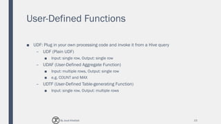 User-Defined Functions
■ UDF: Plug in your own processing code and invoke it from a Hive query
– UDF (Plain UDF)
■ Input: single row, Output: single row
– UDAF (User-Defined Aggregate Function)
■ Input: multiple rows, Output: single row
■ e.g. COUNT and MAX
– UDTF (User-Defined Table-generating Function)
■ Input: single row, Output: multiple rows
23By Joud Khattab
 