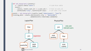 36
def add_demographics(events):
u = sqlCtx.table("users") # Load Hive table
events 
.join(u, events.user_id == u.user_id)  # Join on user_id
.withColumn("city", zipToCity(df.zip)) # udf adds city column
events = add_demographics(sqlCtx.load("/data/events", "json"))
training_data = events.where(events.city == "Amsterdam")
.select(events.timestamp).collect()
Logical Plan
filter
join
events file
users
table
expensive
only join
relevantusers
Physical Plan
join
scan
(events)
filter
scan
(users)
By Joud Khattab
 
