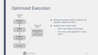 Optimized Execution
■ Writing imperative code to optimize all
possible patterns is hard.
■ Instead write simple rules:
– Each rule makes one change
– Run many rules together to fixed
point.
40
IndexLookup
id = 1
return: name
Physical
Plan
Logical
Plan
Project
name
Filter
id = 1
Project
id,name
People
By Joud Khattab
 