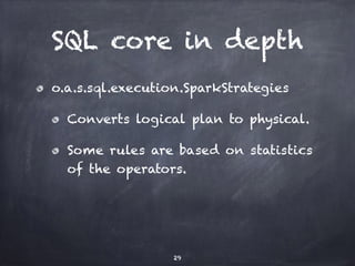 SQL core in depth 
o.a.s.sql.execution.SparkStrategies 
Converts logical plan to physical. 
Some rules are based on statis...