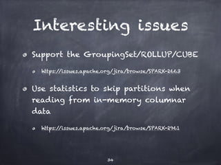 Interesting issues 
Support the GroupingSet/ROLLUP/CUBE 
https://issues.apache.org/jira/browse/SPARK-2663 
Use statistics ...