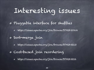 Interesting issues 
Pluggable interface for shuffles 
https://issues.apache.org/jira/browse/SPARK-2044 
Sort-merge join 
h...