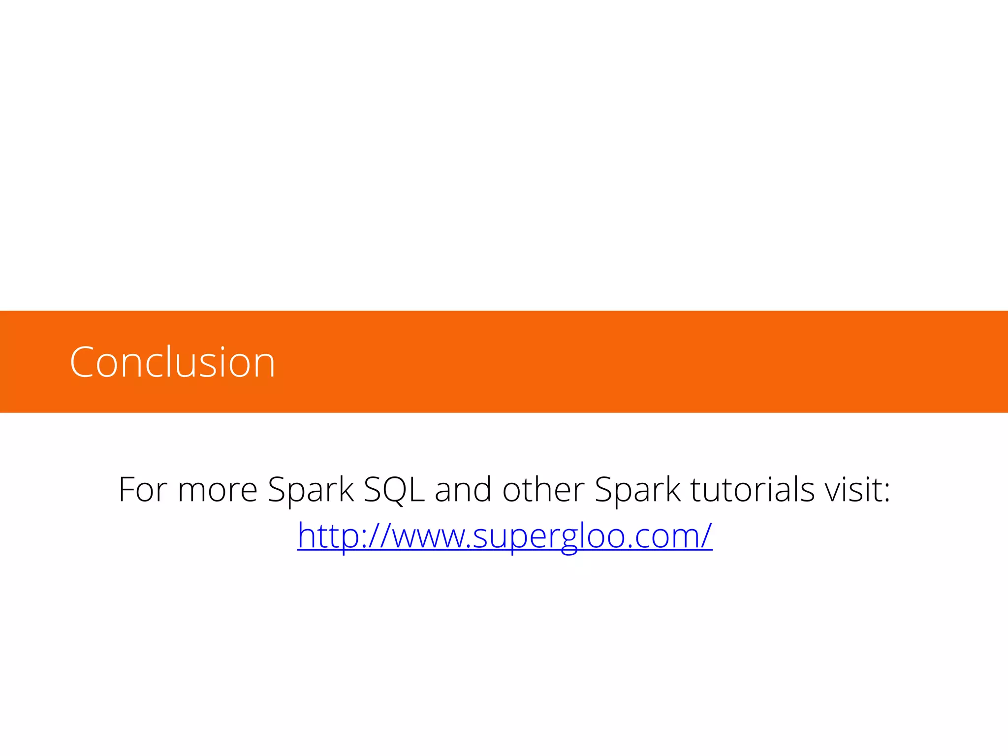 1. $SPARK_HOME/bin/spark-shell –jars mysql-connector-
java-5.1.26.jar
2. val dataframe_mysql = sqlContext.read.format("jdbc").option("url",
"jdbc:mysql://localhost/sparksql").option("driver",
"com.mysql.jdbc.Driver").option("dbtable",
"baby_names").option("user", "root").option("password",
“root").load()
3. scala> dataframe_mysql.registerTempTable(“names")
4. scala> dataframe_mysql.sqlContext.sql("select * from
names”).collect.foreach(println)
Spark SQL with JDBC mySQL (slide 2 of 2)
 