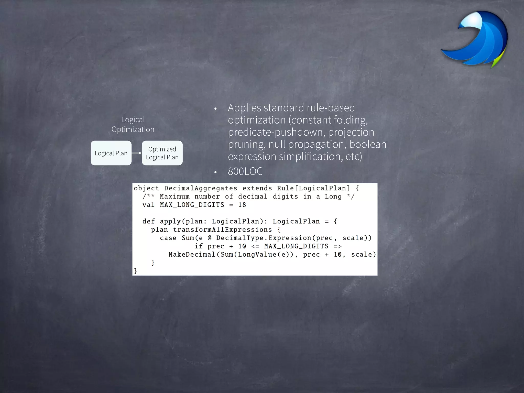 • Applies standard rule-based
optimization (constant folding,
predicate-pushdown, projection
pruning, null propagation, boolean
expression simplification, etc)
• 800LOC
Logical Plan
Optimized
Logical Plan
Logical
Optimization
 