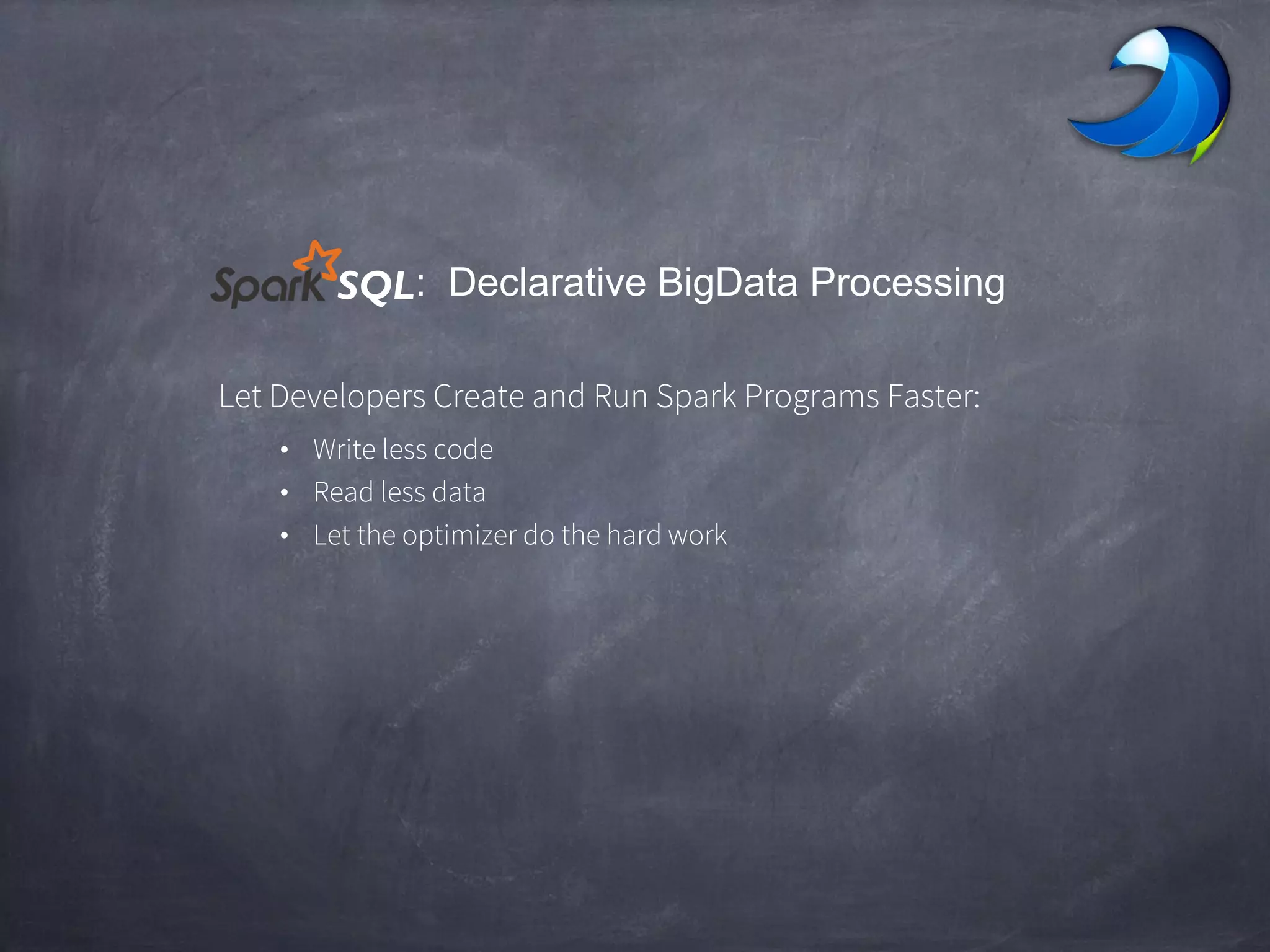 : Declarative BigData Processing
Let Developers Create and Run Spark Programs Faster:
• Write less code
• Read less data
• Let the optimizer do the hard work
SQL
 