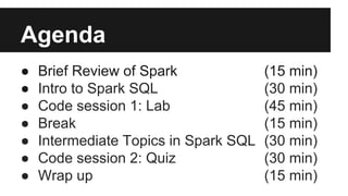 Agenda
● Brief Review of Spark (15 min)
● Intro to Spark SQL (30 min)
● Code session 1: Lab (45 min)
● Break (15 min)
● Intermediate Topics in Spark SQL (30 min)
● Code session 2: Quiz (30 min)
● Wrap up (15 min)
 