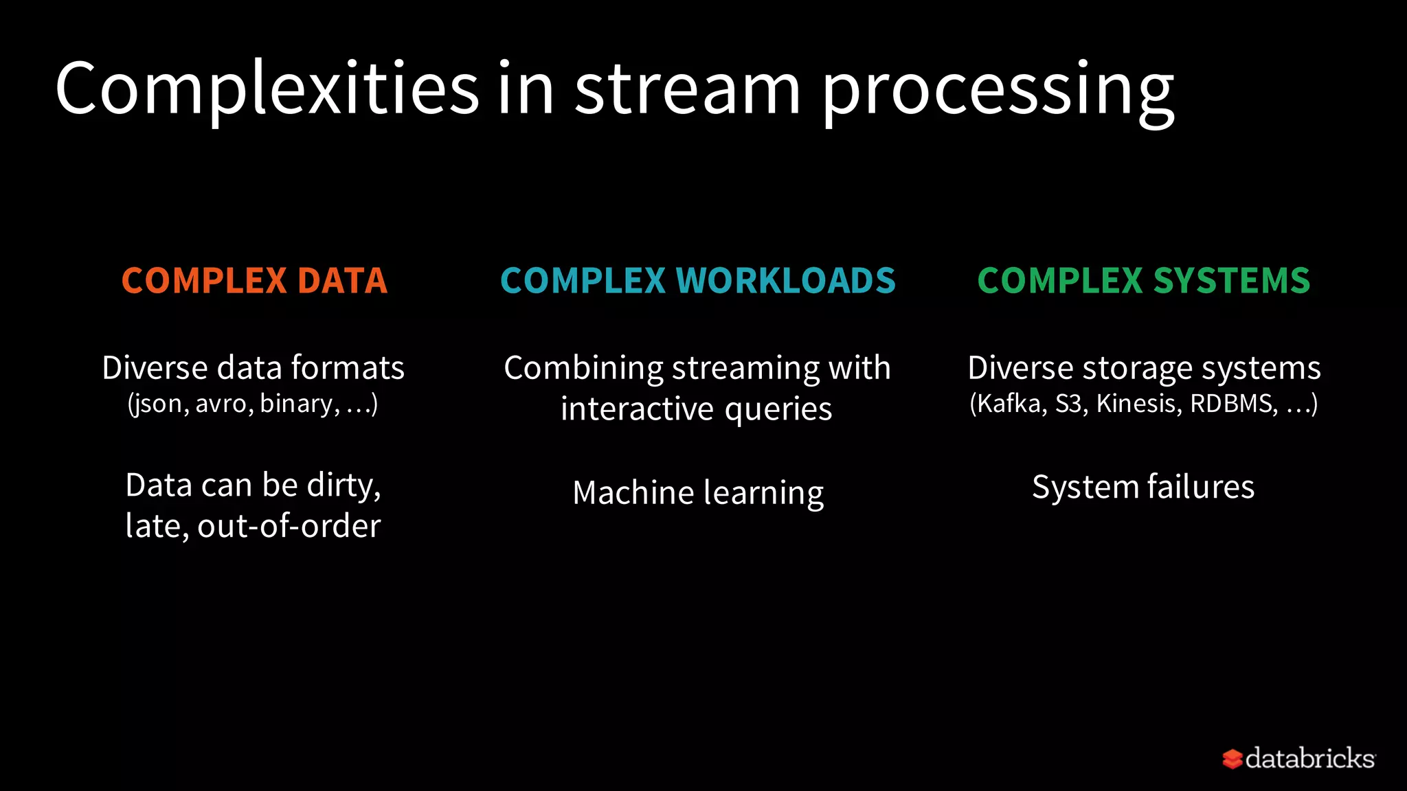Complexities in stream processing COMPLEX DATA Diverse data formats (json, avro, binary, …) Data can be dirty, late, out-of-order COMPLEX SYSTEMS Diverse storage systems (Kafka, S3, Kinesis, RDBMS, …) System failures COMPLEX WORKLOADS Combining streaming with interactive queries Machine learning 