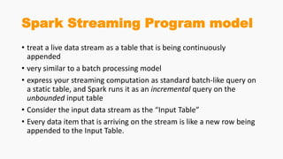 Spark Streaming Program model
• treat a live data stream as a table that is being continuously
appended
• very similar to a batch processing model
• express your streaming computation as standard batch-like query on
a static table, and Spark runs it as an incremental query on the
unbounded input table
• Consider the input data stream as the “Input Table”
• Every data item that is arriving on the stream is like a new row being
appended to the Input Table.
 