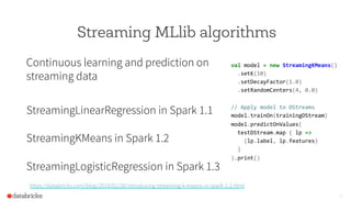 Streaming MLlib algorithms
val	
  model	
  =	
  new	
  StreamingKMeans()	
  
	
  	
  .setK(10)	
  
	
  	
  .setDecayFactor...