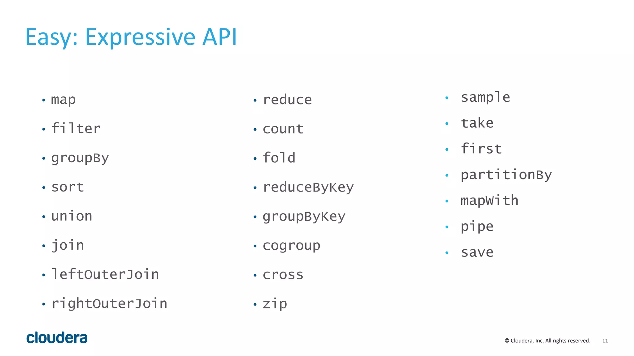 11© Cloudera, Inc. All rights reserved. Easy: Expressive API • map • filter • groupBy • sort • union • join • leftOuterJoin • rightOuterJoin • reduce • count • fold • reduceByKey • groupByKey • cogroup • cross • zip • sample • take • first • partitionBy • mapWith • pipe • save 
