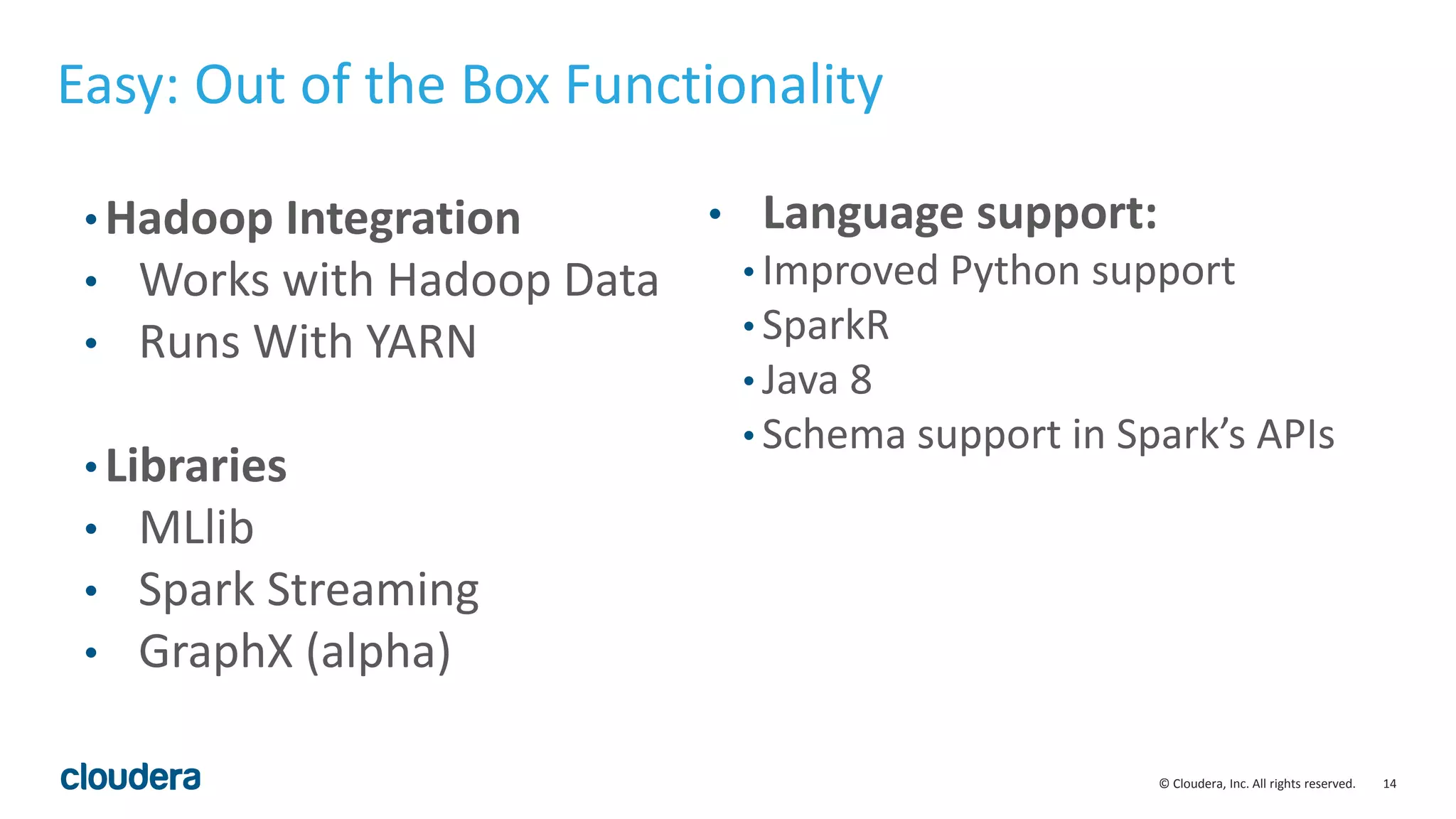 14© Cloudera, Inc. All rights reserved. Easy: Out of the Box Functionality • Hadoop Integration • Works with Hadoop Data • Runs With YARN • Libraries • MLlib • Spark Streaming • GraphX (alpha) • Language support: • Improved Python support • SparkR • Java 8 • Schema support in Spark’s APIs 