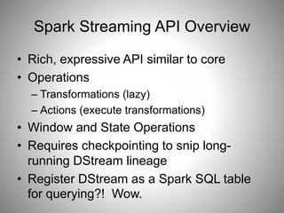 Spark Streaming API Overview 
• Rich, expressive API similar to core 
• Operations 
– Transformations (lazy) 
– Actions (execute transformations) 
• Window and State Operations 
• Requires checkpointing to snip long-running 
DStream lineage 
• Register DStream as a Spark SQL table 
for querying?! Wow. 
 