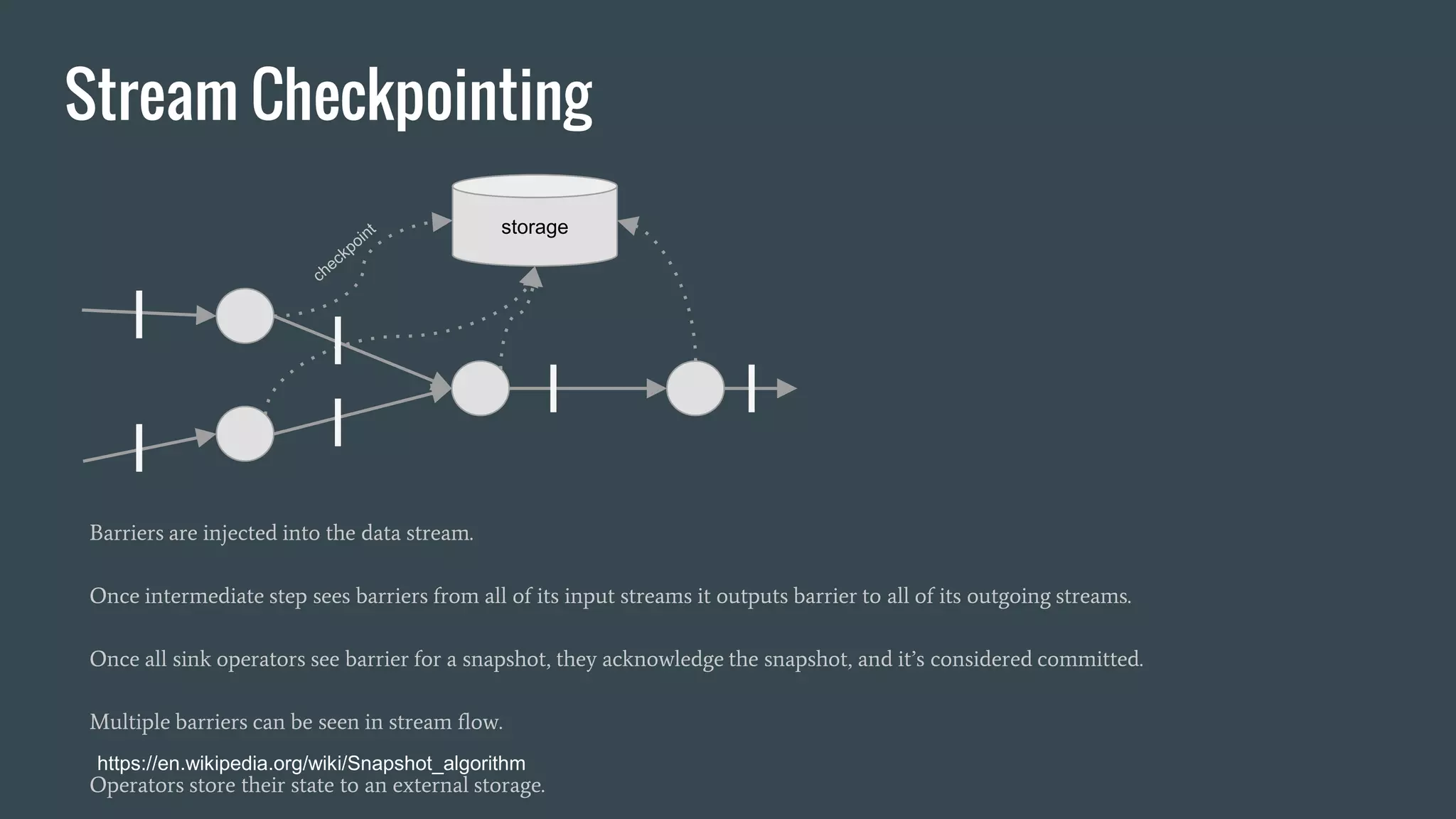 Stream Checkpointing
https://en.wikipedia.org/wiki/Snapshot_algorithm
Barriers are injected into the data stream.
Once intermediate step sees barriers from all of its input streams it outputs barrier to all of its outgoing streams.
Once all sink operators see barrier for a snapshot, they acknowledge the snapshot, and it’s considered committed.
Multiple barriers can be seen in stream flow.
Operators store their state to an external storage.
storage
 