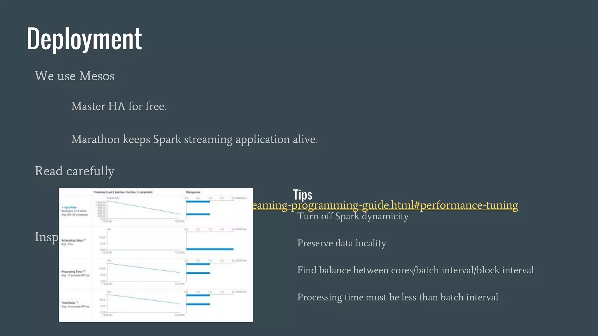 Deployment
We use Mesos
Master HA for free.
Marathon keeps Spark streaming application alive.
Read carefully
http://spark.apache.org/docs/latest/streaming-programming-guide.html#performance-tuning
Inspect, re-configure, retry
Turn off Spark dynamicity
Preserve data locality
Find balance between cores/batch interval/block interval
Processing time must be less than batch interval
Tips
 