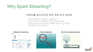 Why Spark Streaming?
데이터를 실시간으로 바로 처리 하고 싶어요
“웹사이트를 모니터링할 수 없을까요?”
“이거 추가되거나 삭제되면 바로 반영해주세요”
“실시간 데이터로 머신러닝 모델을 학습시키고 싶어요”
“문제를 바로 알고 싶어요”
Website monitoring Fraud detection ML from streaming data
 