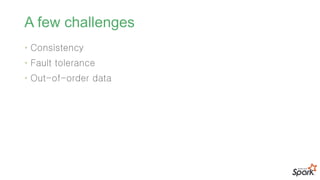 A few challenges
• Consistency
• Fault tolerance
• Out-of-order data
 